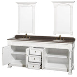 Andover 80 Inch Double Bathroom Vanity in Black, Imperial Brown Granite Countertop, Undermount Oval Sinks, and 28 Inch Mirrors