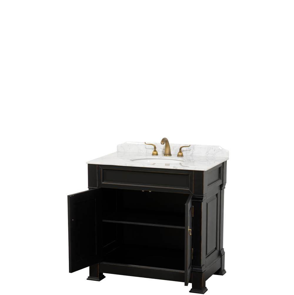 Andover 36 Inch Single Bathroom Vanity in Black, White Carrara Marble Countertop, Undermount Oval Sink, and No Mirror