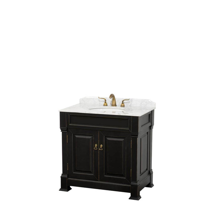 Wyndham Collection - Andover 36 Inch Single Bathroom Vanity in Black, White Carrara Marble Countertop, Undermount Oval Sink, and No Mirror - Black