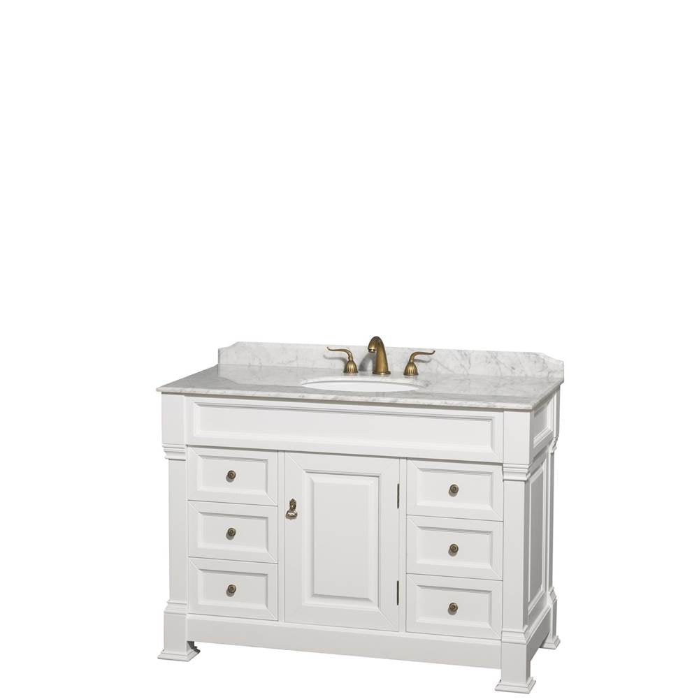 Wyndham Collection - Andover 48 Inch Single Bathroom Vanity in White, White Carrara Marble Countertop, Undermount Oval Sink, and No Mirror - White