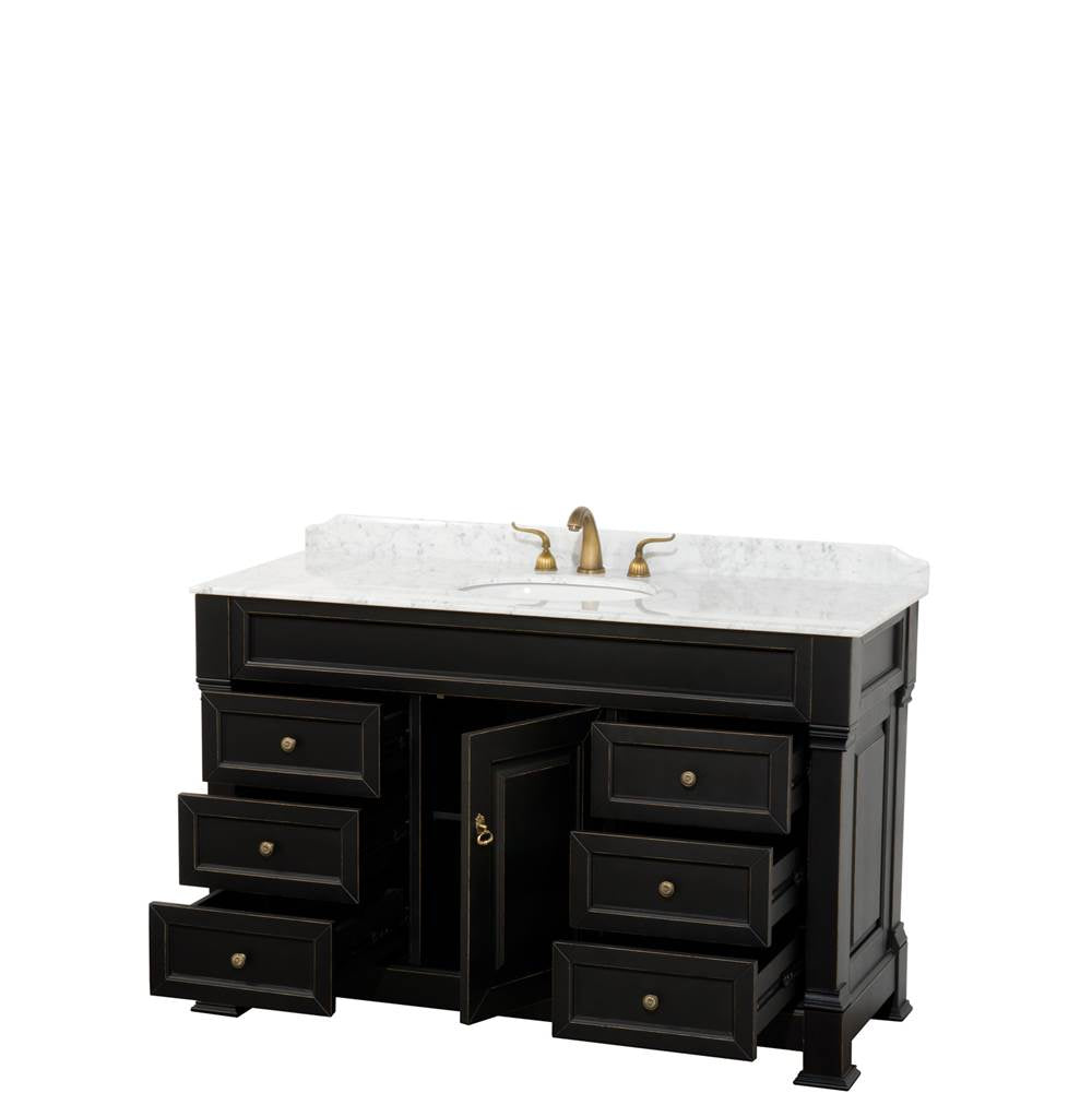 Andover 55 Inch Single Bathroom Vanity in Black, White Carrara Marble Countertop, Undermount Oval Sink, and No Mirror