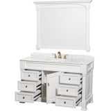 Andover 55 Inch Single Bathroom Vanity in Black, White Carrara Marble Countertop, Undermount Oval Sink, and 50 Inch Mirror