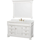 Wyndham Collection - Andover 55 Inch Single Bathroom Vanity in White, White Carrara Marble Countertop, Undermount Oval Sink, and 50 Inch Mirror - White