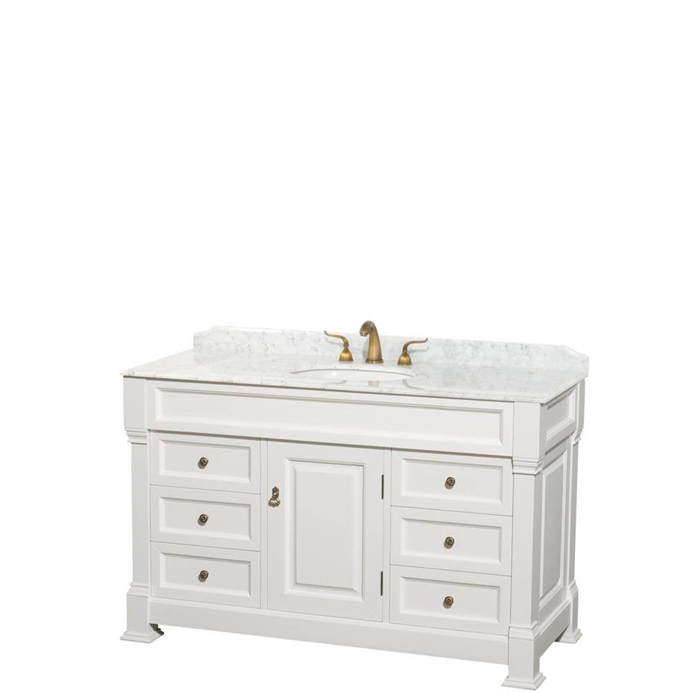 Wyndham Collection - Andover 55 Inch Single Bathroom Vanity in White, White Carrara Marble Countertop, Undermount Oval Sink, and No Mirror - White