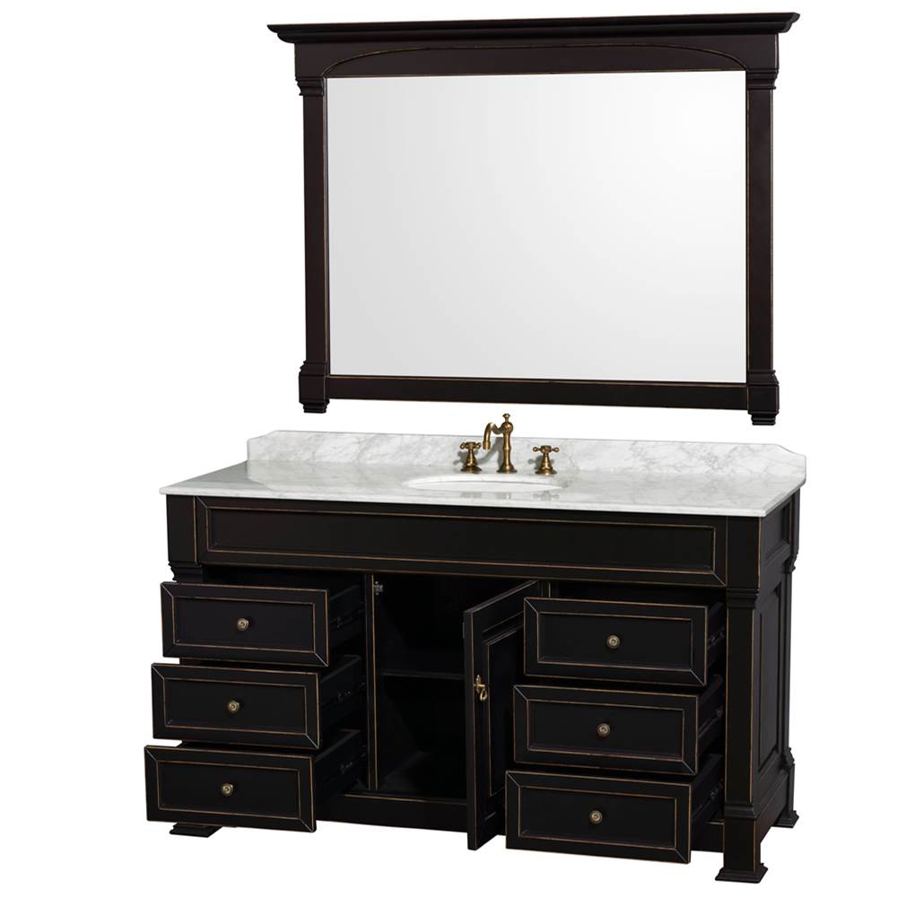 Andover 60 Inch Single Bathroom Vanity in Black with White Carrara Marble Countertop, Undermount Oval Sink, and 56 Inch Mirror