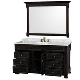 Andover 60 Inch Single Bathroom Vanity in Black with White Carrara Marble Countertop, Undermount Oval Sink, and 56 Inch Mirror