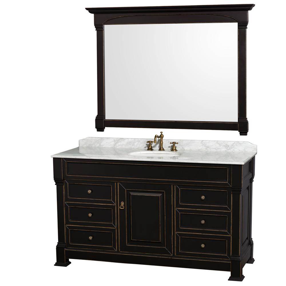 Wyndham Collection - Andover 60 Inch Single Bathroom Vanity in Black with White Carrara Marble Countertop, Undermount Oval Sink, and 56 Inch Mirror - Black