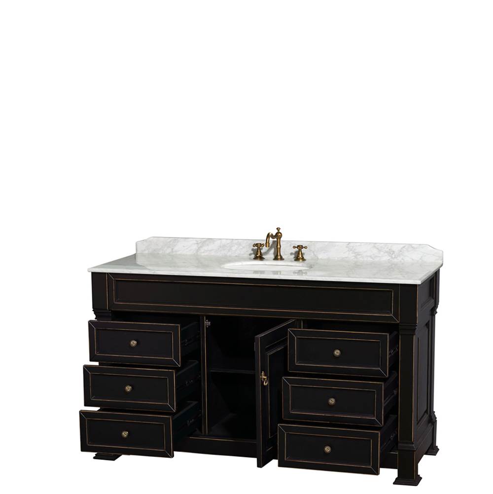Andover 60 Inch Single Bathroom Vanity in Black, White Carrara Marble Countertop, Undermount Oval Sink, and No Mirror
