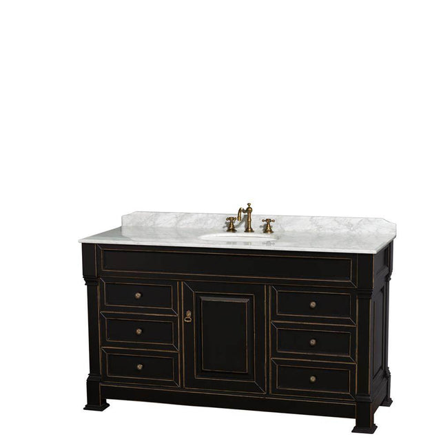 Wyndham Collection - Andover 60 Inch Single Bathroom Vanity in Black, White Carrara Marble Countertop, Undermount Oval Sink, and No Mirror - Black