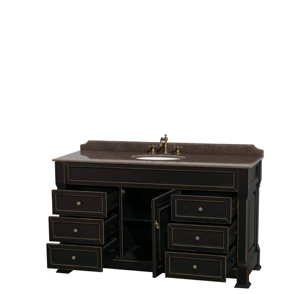 Andover 60 Inch Single Bathroom Vanity in Black, Imperial Brown Granite Countertop, Undermount Oval Sink, and No Mirror
