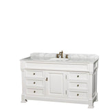 Wyndham Collection - Andover 60 Inch Single Bathroom Vanity in White, White Carrara Marble Countertop, Undermount Oval Sink, and No Mirror - White