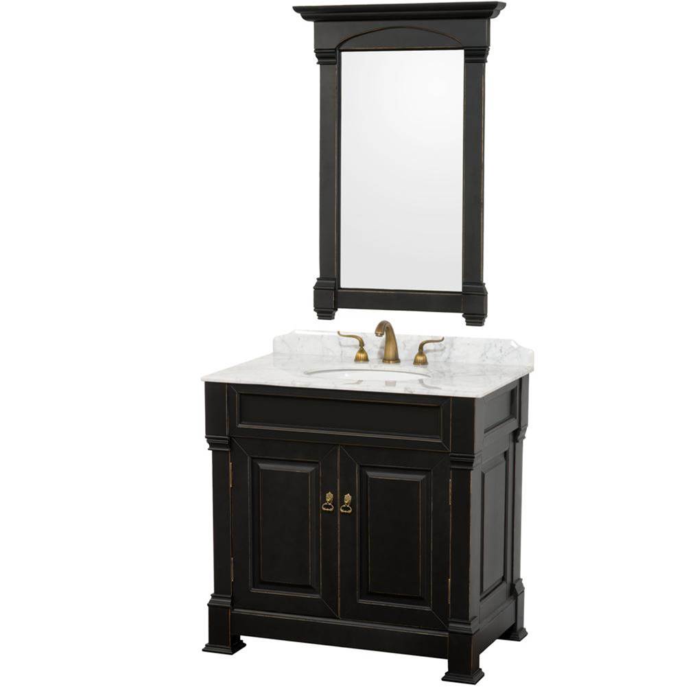 Wyndham Collection - Andover 36 Inch Single Bathroom Vanity in Black, White Carrara Marble Countertop, Undermount Oval Sink, and 28 Inch Mirror - Black