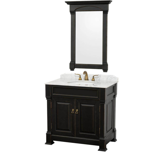 Wyndham Collection - Andover 36 Inch Single Bathroom Vanity in Black, White Carrara Marble Countertop, Undermount Oval Sink, and 28 Inch Mirror - Black