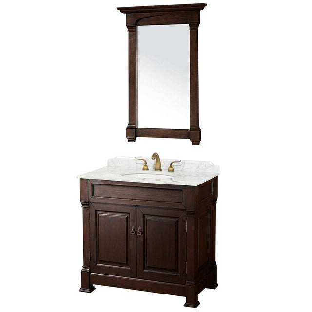 Wyndham Collection - Andover 36 Inch Single Bathroom Vanity in Dark Cherry, White Carrara Marble Countertop, Undermount Oval Sink, and 28 Inch Mirror - Dark Cherry