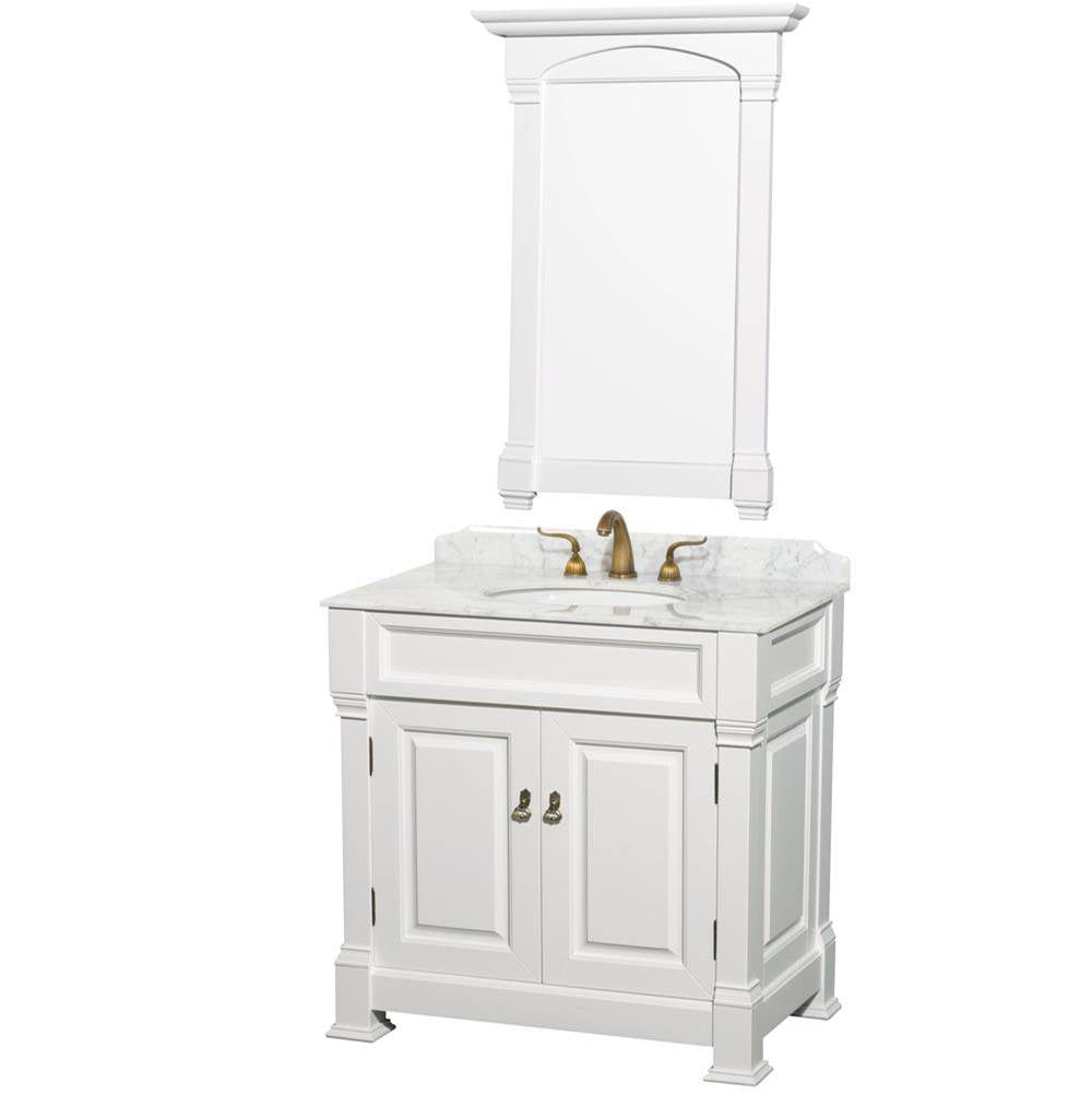 Wyndham Collection - Andover 36 Inch Single Bathroom Vanity in White, White Carrara Marble Countertop, Undermount Oval Sink, and 28 Inch Mirror - White