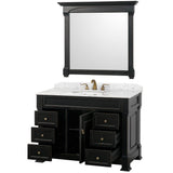 Andover 48 Inch Single Bathroom Vanity in Black, White Carrara Marble Countertop, Undermount Oval Sink, and 44 Inch Mirror