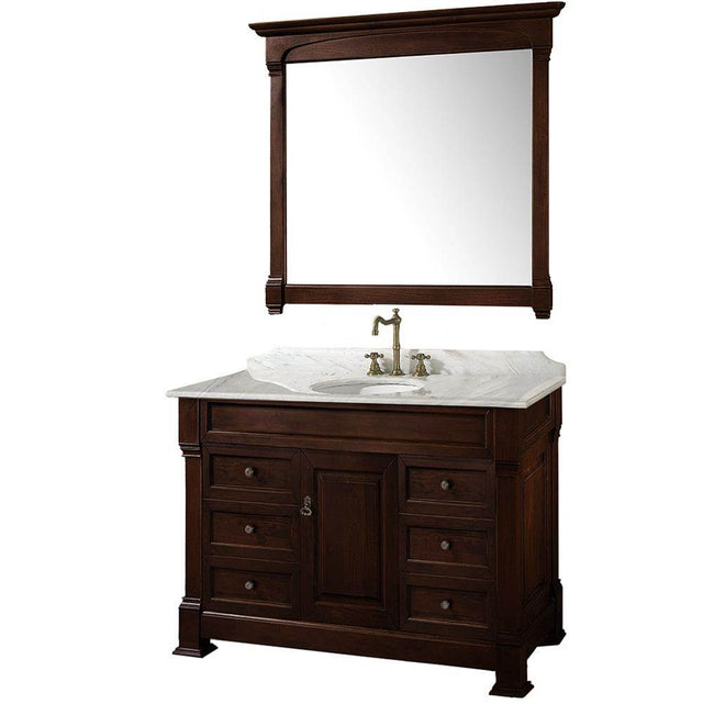 Wyndham Collection - Andover 48 Inch Single Bathroom Vanity in Dark Cherry, White Carrara Marble Countertop, Undermount Oval Sink, and 44 Inch Mirror - Dark Cherry