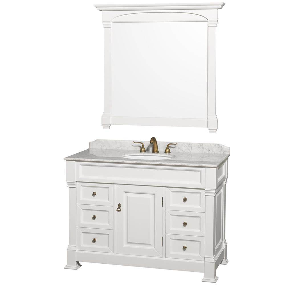 Wyndham Collection - Andover 48 Inch Single Bathroom Vanity in White, White Carrara Marble Countertop, Undermount Oval Sink, and 44 Inch Mirror - White