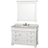 Wyndham Collection - Andover 48 Inch Single Bathroom Vanity in White, White Carrara Marble Countertop, Undermount Oval Sink, and 44 Inch Mirror - White