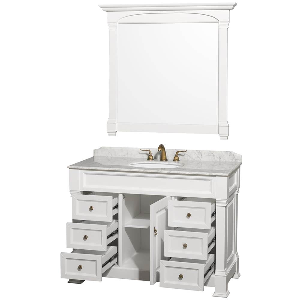 Andover 48 Inch Single Bathroom Vanity in Black, White Carrara Marble Countertop, Undermount Oval Sink, and 44 Inch Mirror