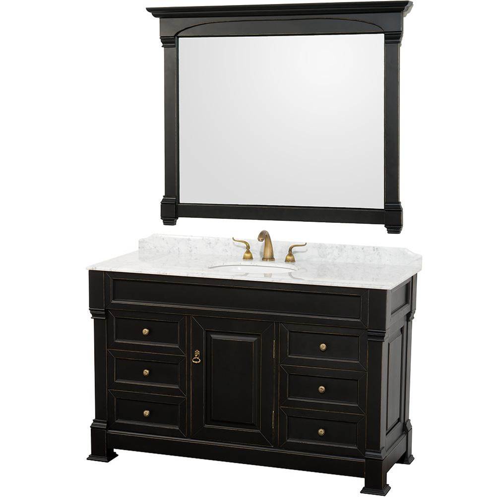 Wyndham Collection - Andover 55 Inch Single Bathroom Vanity in Black, White Carrara Marble Countertop, Undermount Oval Sink, and 50 Inch Mirror - Black