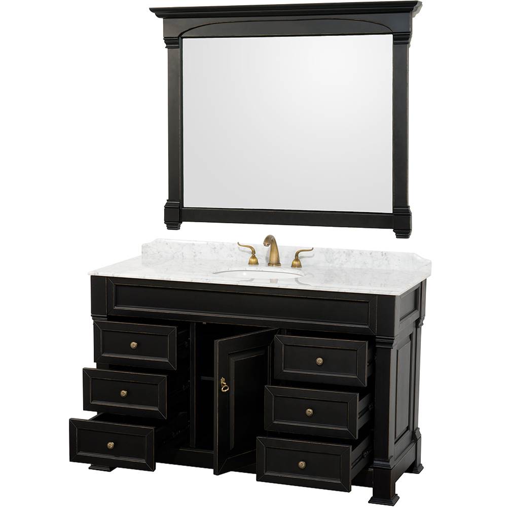 Andover 55 Inch Single Bathroom Vanity in Black, White Carrara Marble Countertop, Undermount Oval Sink, and 50 Inch Mirror