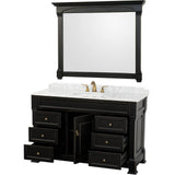 Andover 55 Inch Single Bathroom Vanity in Black, White Carrara Marble Countertop, Undermount Oval Sink, and 50 Inch Mirror