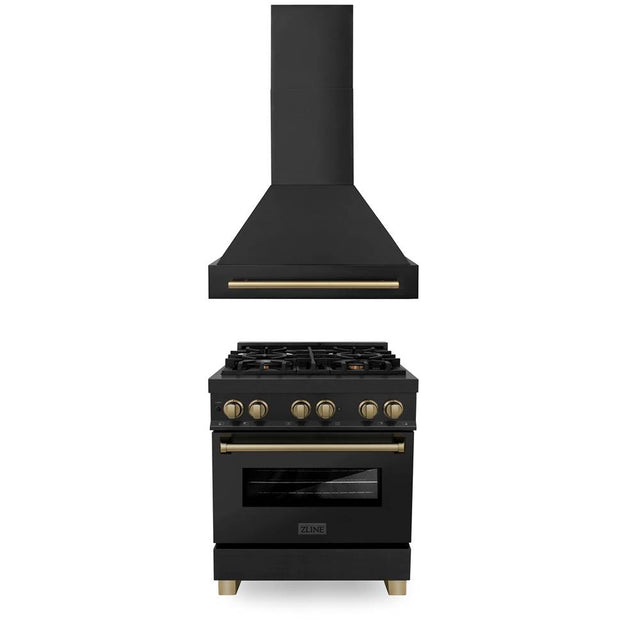 Z-Line - 30'' Autograph Edition Kitchen Package with Black Stainless Steel Dual Fuel Range and Range Hood with Champagne Bronze Accents - Champagne Bronze