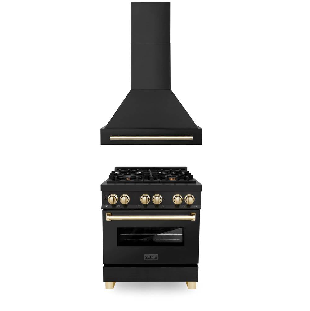 Z-Line - 30'' Autograph Edition Kitchen Package with Black Stainless Steel Dual Fuel Range and Range Hood with Gold Accents - Polished Gold
