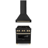 Z-Line - 30'' Autograph Edition Kitchen Package with Black Stainless Steel Dual Fuel Range and Range Hood with Gold Accents - Polished Gold