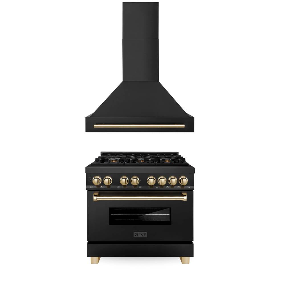 Z-Line - 36'' Autograph Edition Kitchen Package with Black Stainless Steel Dual Fuel Range and Range Hood with Gold Accents - Polished Gold