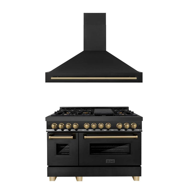 Z-Line - 48'' Autograph Edition Kitchen Package with Black Stainless Steel Dual Fuel Range and Range Hood with Champagne Bronze Accents - Champagne Bronze