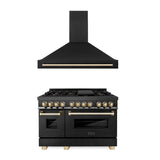 Z-Line - 48'' Autograph Edition Kitchen Package with Black Stainless Steel Dual Fuel Range and Range Hood with Gold Accents - Polished Gold