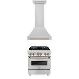 Z-Line - 30'' Autograph Edition Kitchen Package with Stainless Steel Dual Fuel Range and Range Hood with Champagne Bronze Accents - Champagne Bronze