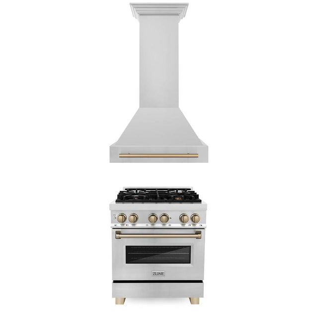 Z-Line - 30'' Autograph Edition Kitchen Package with Stainless Steel Dual Fuel Range and Range Hood with Champagne Bronze Accents - Champagne Bronze