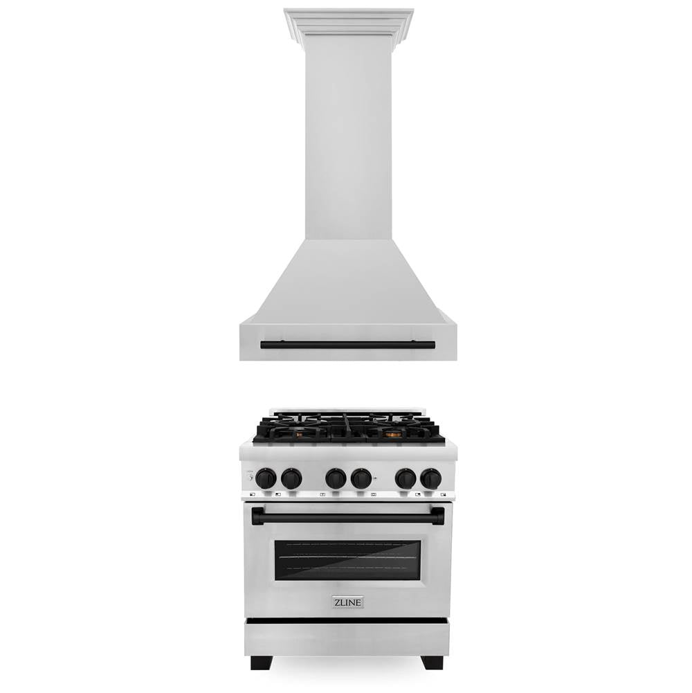 Z-Line - 30'' Autograph Edition Kitchen Package with Stainless Steel Dual Fuel Range and Range Hood with Matte Black Accents - Matte Black