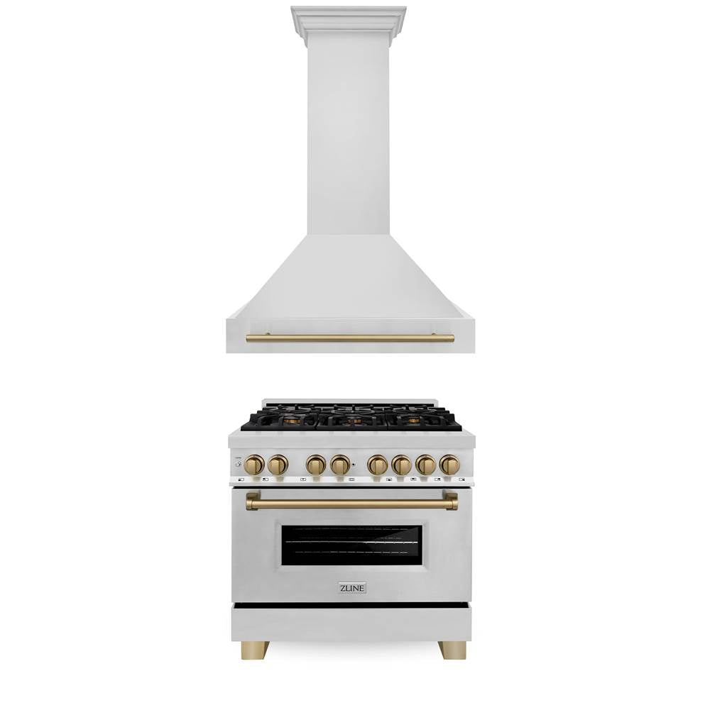 Z-Line - 36'' Autograph Edition Kitchen Package with Stainless Steel Dual Fuel Range and Range Hood with Champagne Bronze Accents - Matte Black