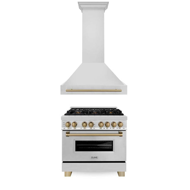 Z-Line - 36'' Autograph Edition Kitchen Package with Stainless Steel Dual Fuel Range and Range Hood with Champagne Bronze Accents - Matte Black