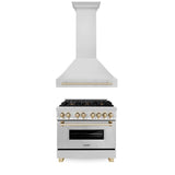 Z-Line - 36'' Autograph Edition Kitchen Package with Stainless Steel Dual Fuel Range and Range Hood with Gold Accents - Polished Gold