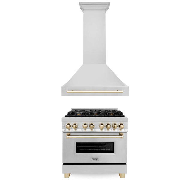 Z-Line - 36'' Autograph Edition Kitchen Package with Stainless Steel Dual Fuel Range and Range Hood with Gold Accents - Polished Gold