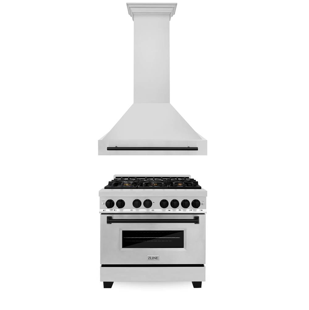 Z-Line - 36'' Autograph Edition Kitchen Package with Stainless Steel Dual Fuel Range and Range Hood with Matte Black Accents - Matte Black