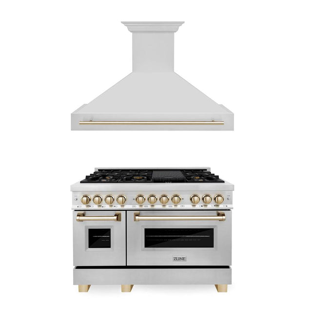 Z-Line - 48'' Autograph Edition Kitchen Package with Stainless Steel Dual Fuel Range and Range Hood with Champagne Bronze Accents - Matte Black
