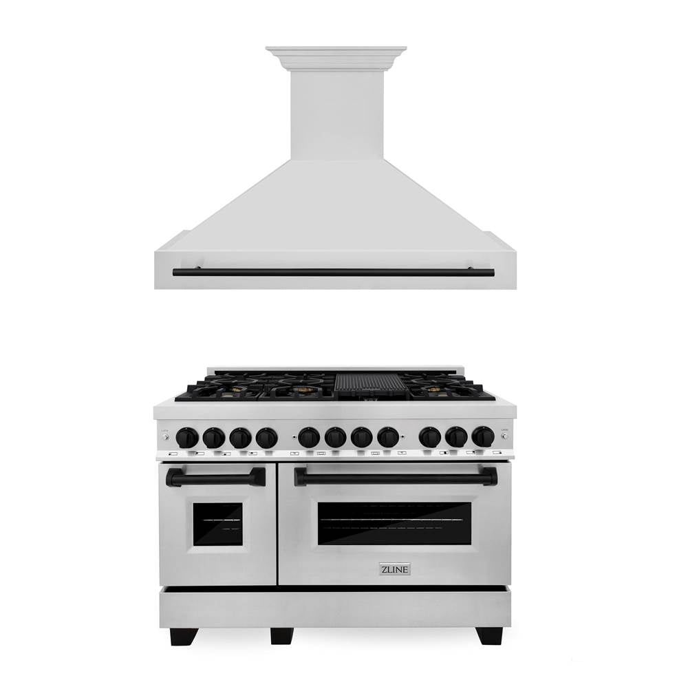 Z-Line - 48'' Autograph Edition Kitchen Package with Stainless Steel Dual Fuel Range and Range Hood with Matte Black Accents - Matte Black