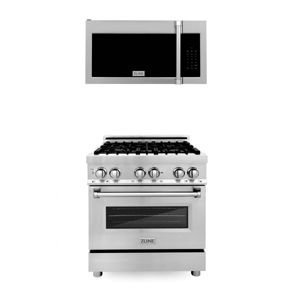 Z-Line - 30'' Kitchen Package with Stainless Steel Dual Fuel Range and Over The Range Microwave with Traditional Handle - Stainless Steel