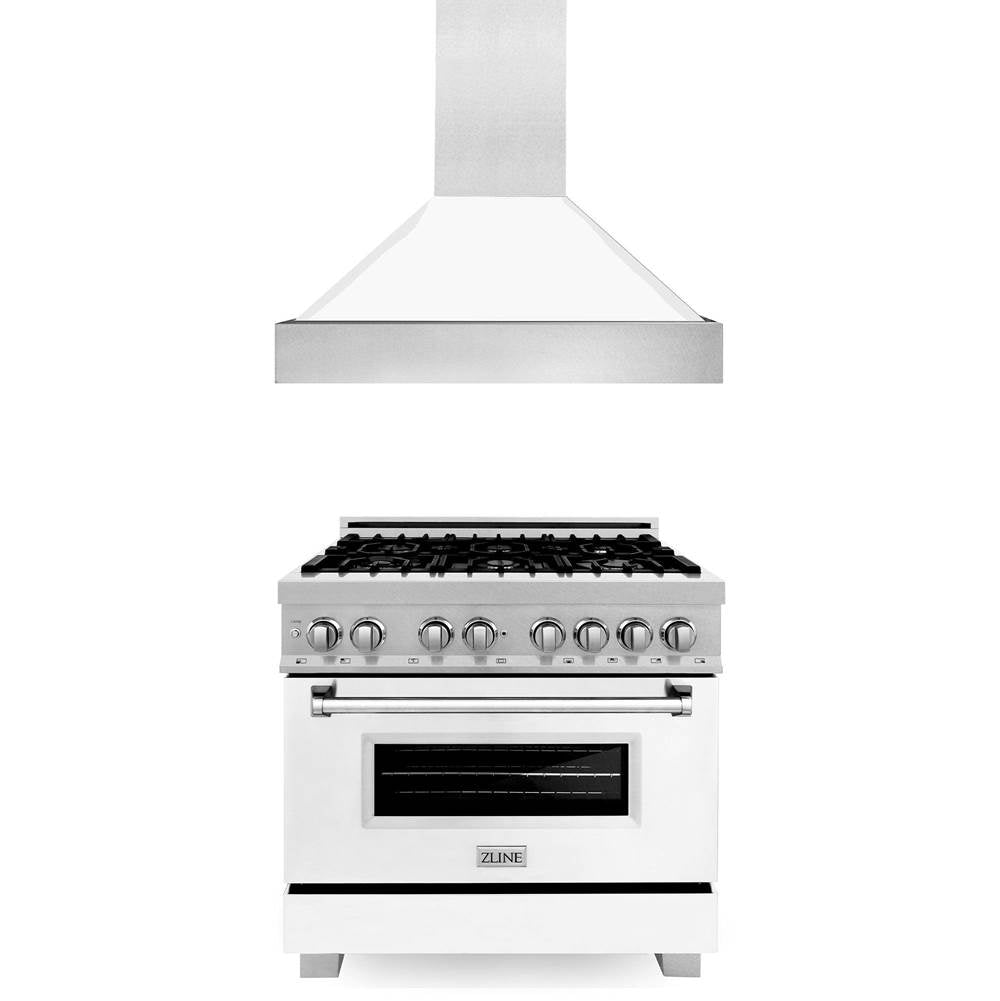 Z-Line - 36'' Kitchen Package with DuraSnow Stainless Steel Dual Fuel Range with White Matte Door and Convertible Vent Range Hood - Stainless Steel