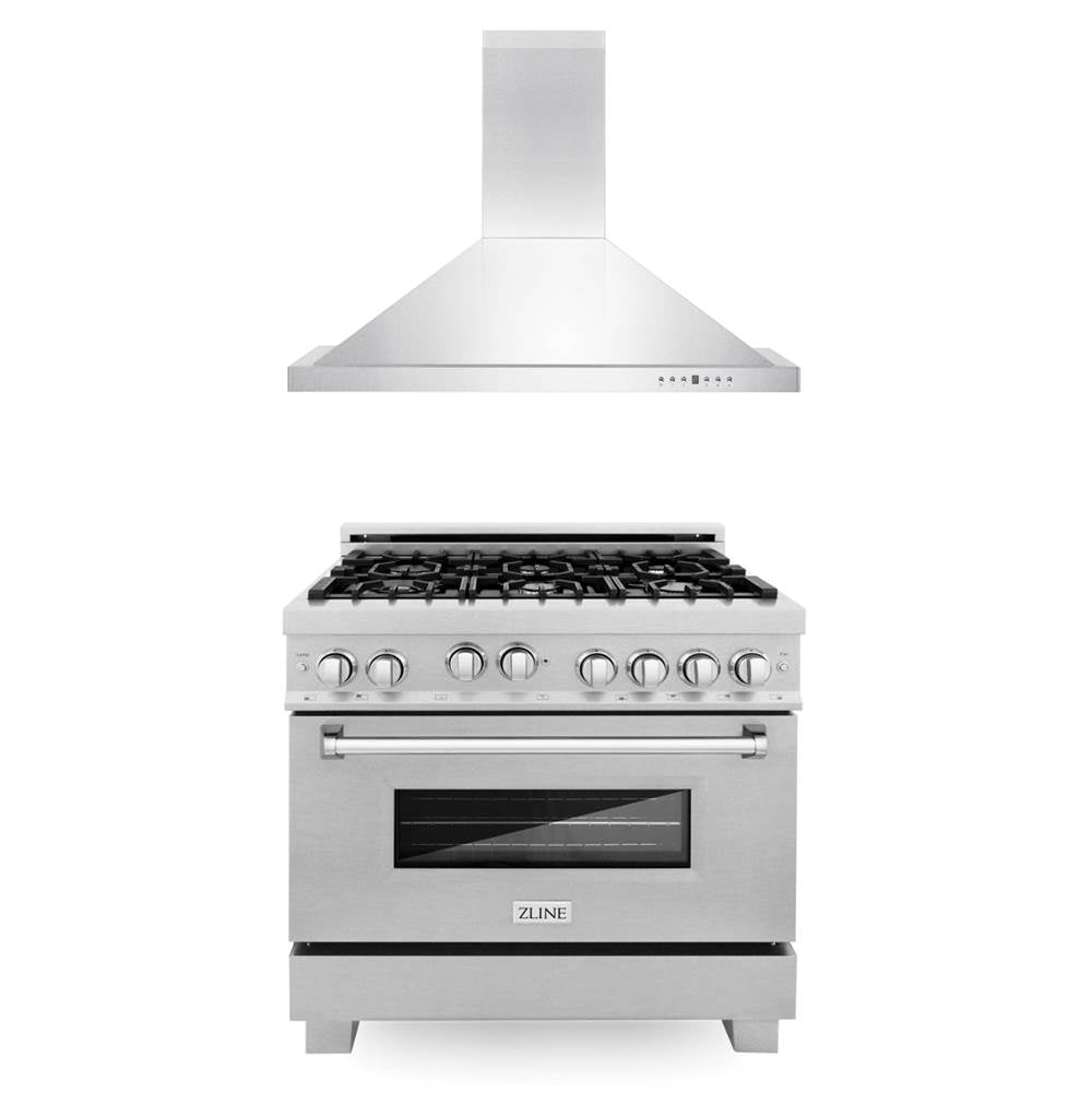 Z-Line - 36'' Kitchen Package with DuraSnow Stainless Steel Gas Range with DuraSnow Door and Convertible Vent Range Hood - Stainless Steel