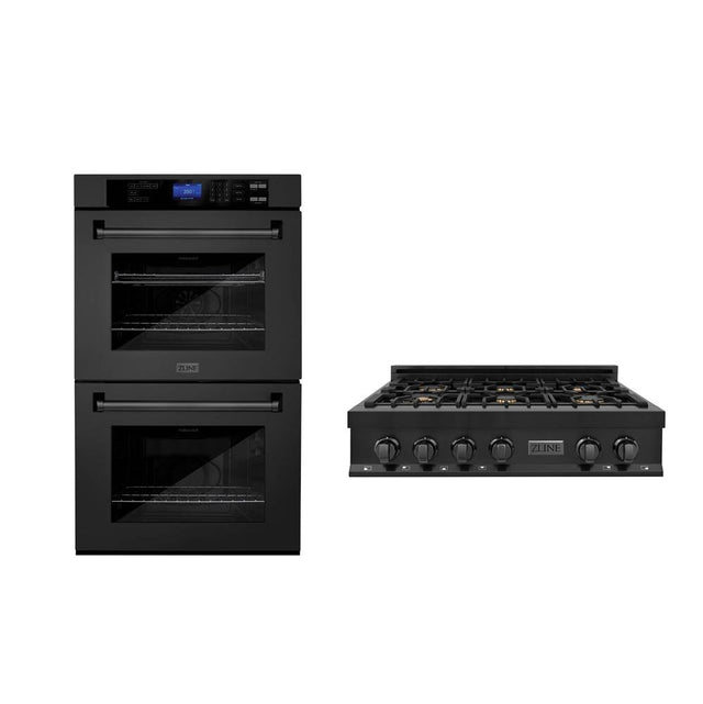 Z-Line - Kitchen Package with 36'' Black Stainless Steel Rangetop and 30'' Double Wall Oven - Black Stainless