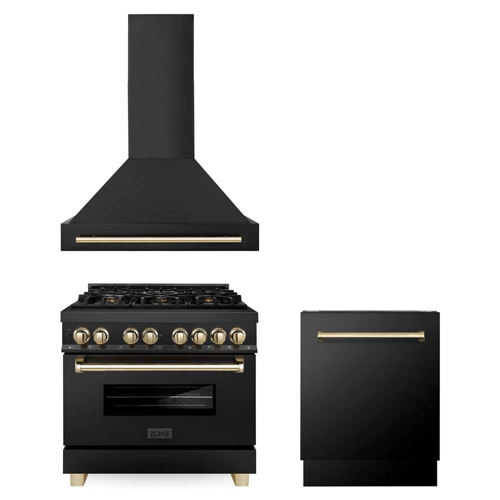 Z-Line - 36'' Autograph Edition Kitchen Package with Black Stainless Steel Dual Fuel Range, Range Hood and Dishwasher with Gold Accents - Polished Gold