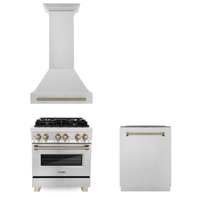 Z-Line - 30'' Autograph Edition Kitchen Package with Stainless Steel Dual Fuel Range, Range Hood and Dishwasher with Champagne Bronze Accents - Champagne Bronze