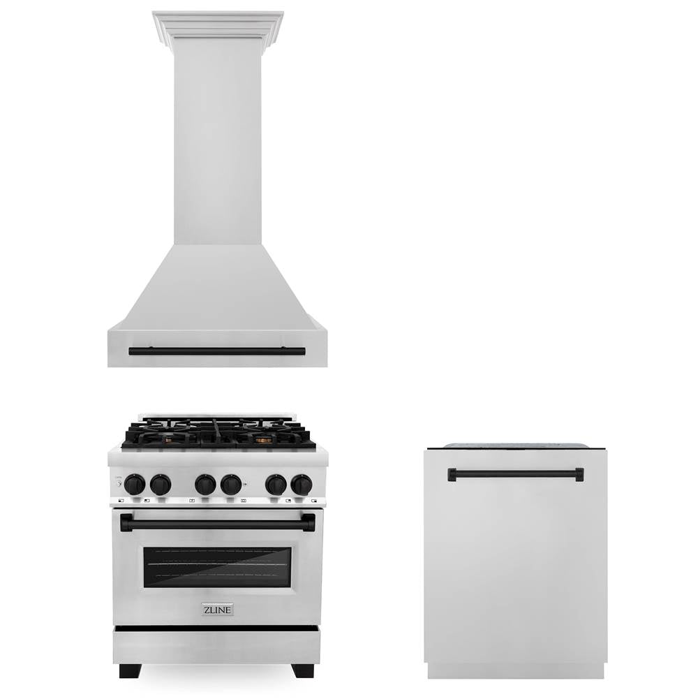 Z-Line - 30'' Autograph Edition Kitchen Package with Stainless Steel Dual Fuel Range, Range Hood and Dishwasher with Matte Black Accents - Matte Black